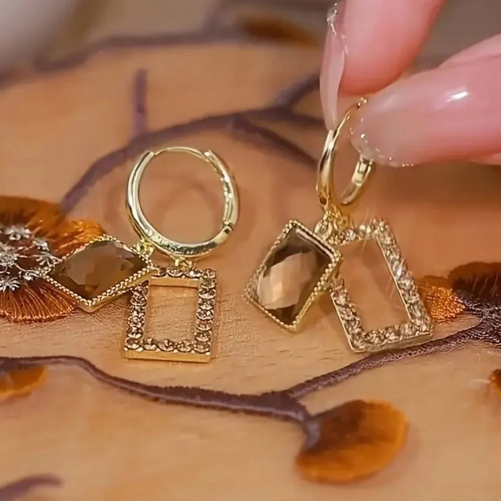 New Golden Elegance: Vintage Smoky Quartz Frame Drop Earrings Luxury Evening - Picture 3 of 3
